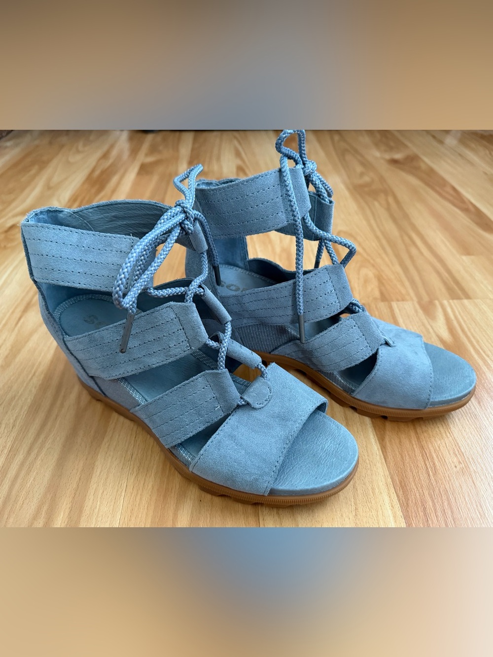 Sorel Light Blue Suede Lace-Up Women’s Wedge Sandals